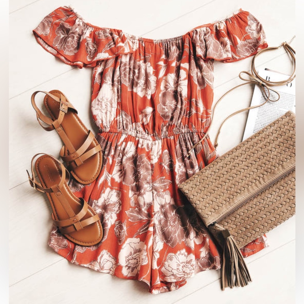 Coral red floral print romper